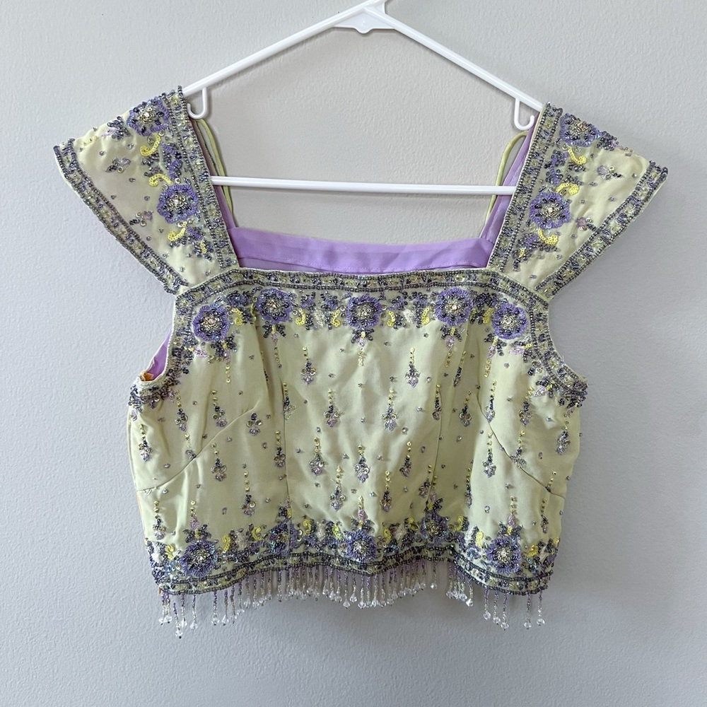 Embellished Cream and Purple Embroidered Saree Women's Top